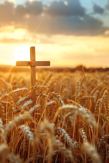 Photo cross in golden wheat field sunrise backdrop symbol of faith tranquil scene