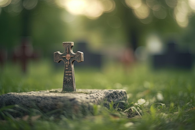 A cross on a grave with the word cemetery on it