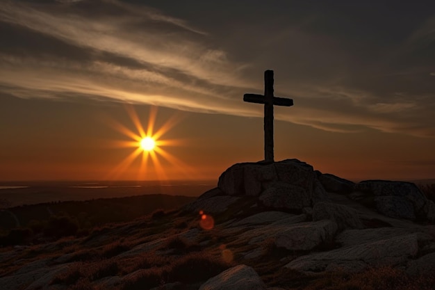 A cross on a hill at sunset with the sun setting behind it