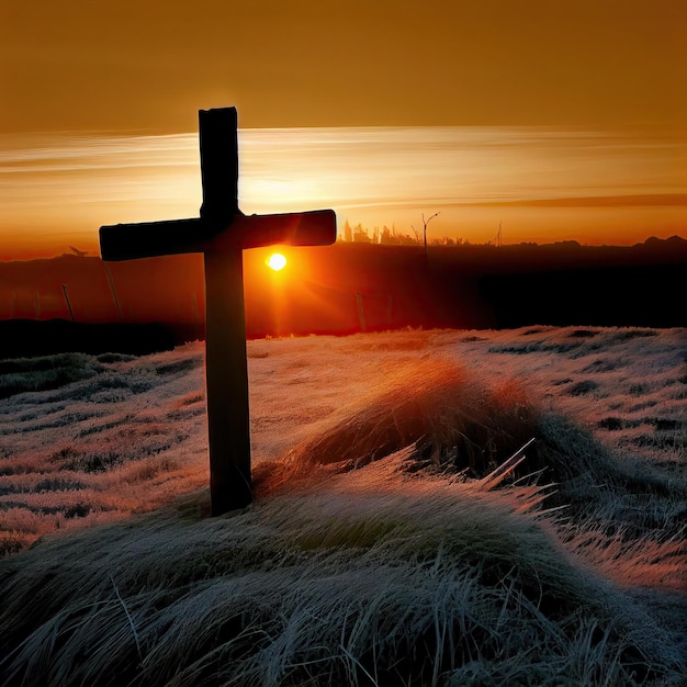 A cross on a hill at sunset