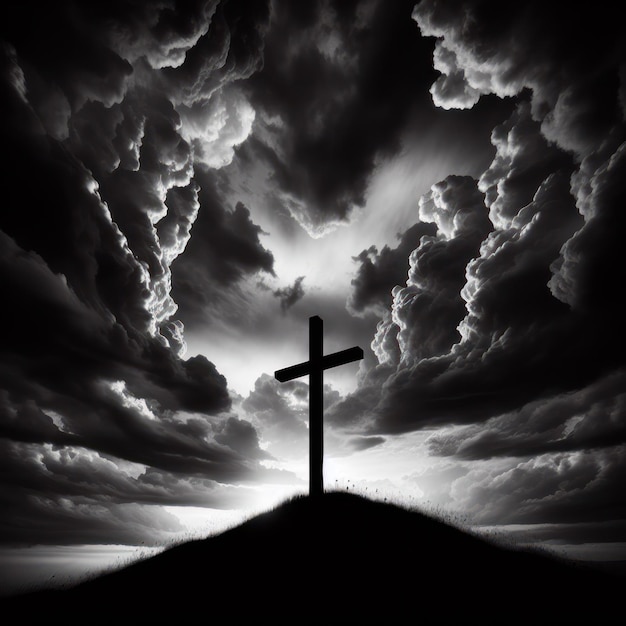 Photo a cross on a hill with clouds in the background