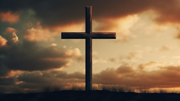 A cross on a hill with a cloudy sky in the background