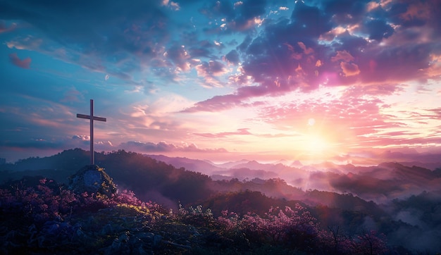 a cross on a hill with flowers and a sunset