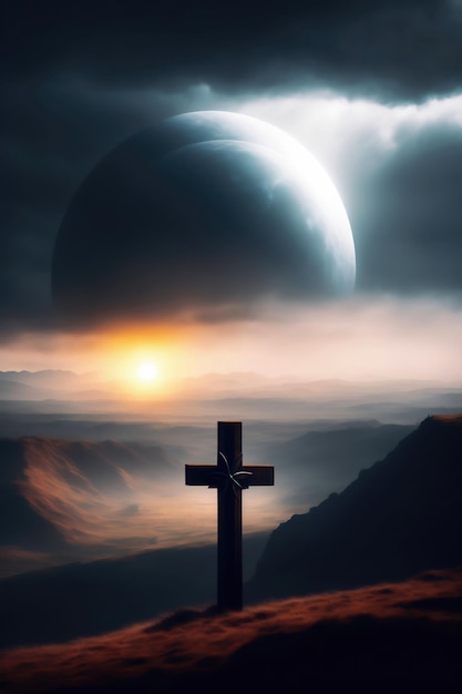 A cross on a hill with a planet in the background