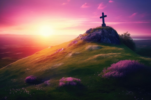 A cross on a hill with a purple sky in the background