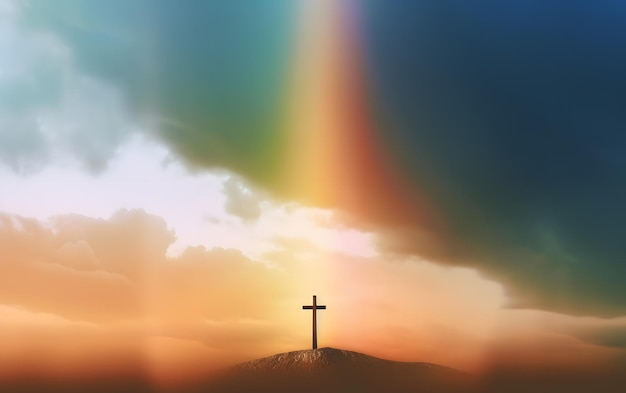 A cross on a hill with a rainbow in the background