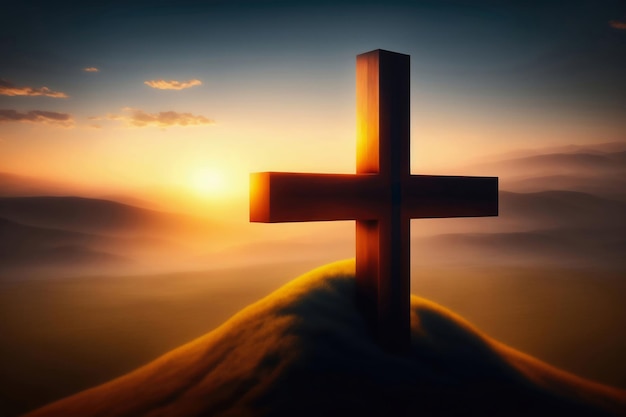 A cross on a hill with the sun setting behind it