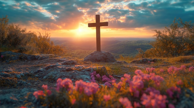 Cross on the hill with sunset