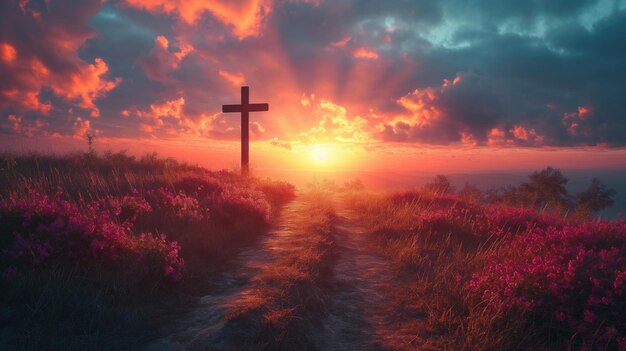 Cross on the hill with sunset