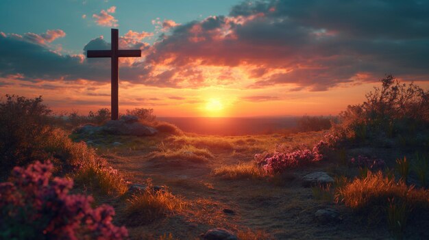 Cross on the hill with sunset