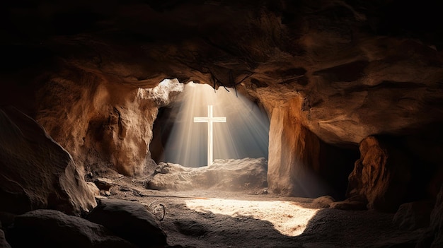 A cross inside a cave with light shining through it