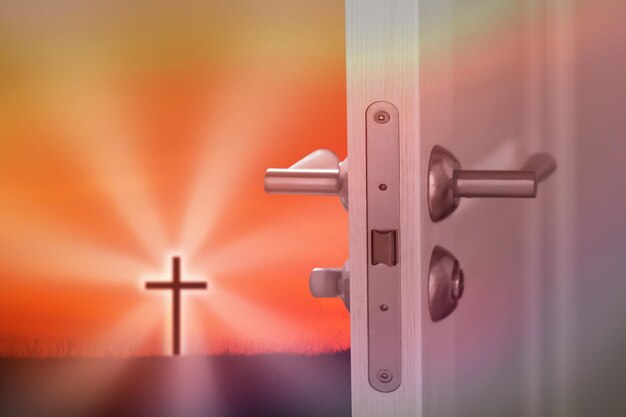 A cross is in the background of a door with a cross in the background.