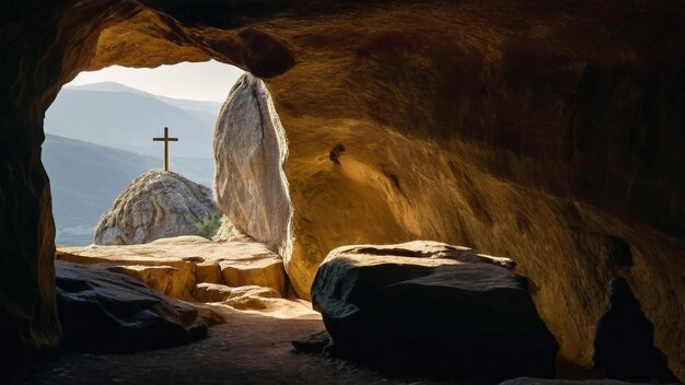 a cross is in the background of a mountain