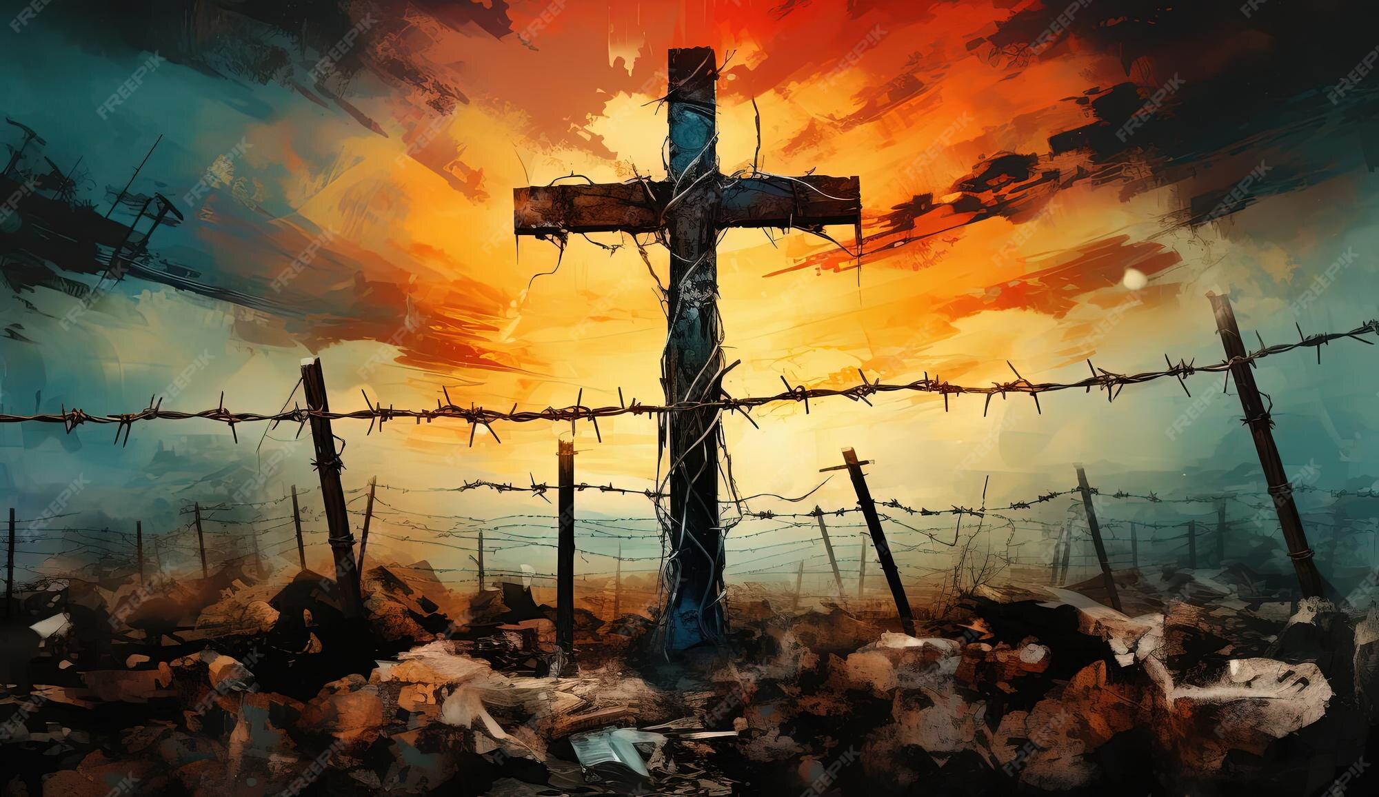 Premium AI Image | a cross is behind barbed wire in the style of
