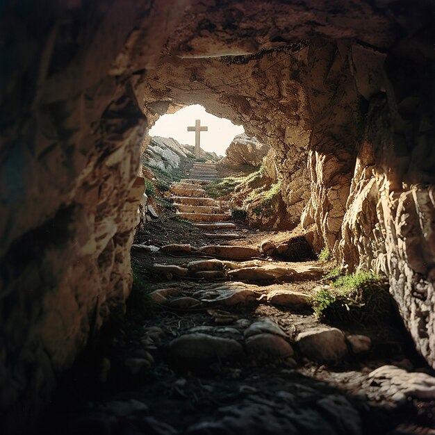 a cross is in a cave with a cross on the top