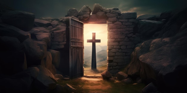 A cross is in the doorway of a stone wall.