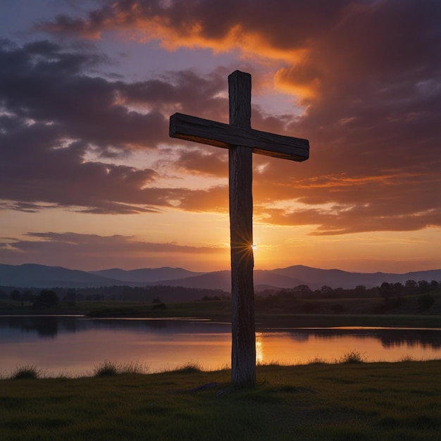 a cross is in front of a lake and the sun is setting