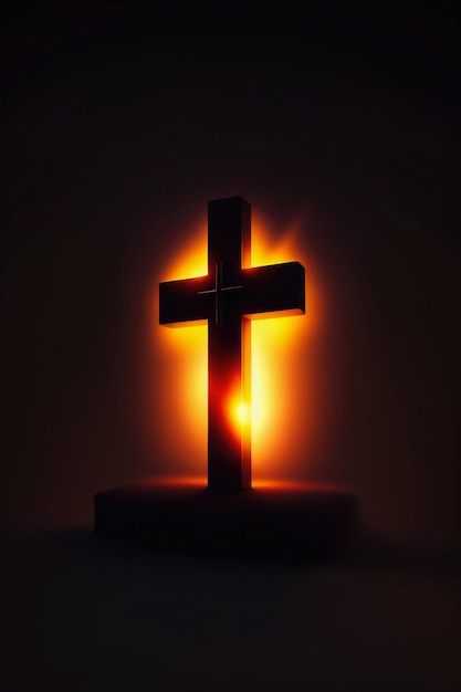 A cross is lit up in the dark with the light shining on it.