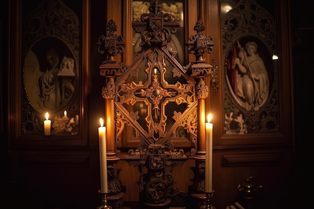 A cross is lit up in front of a painting of jesus.