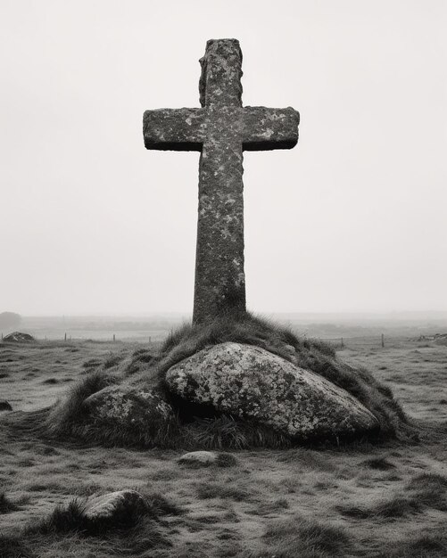 Photo a cross is on a rock in the middle of a field.