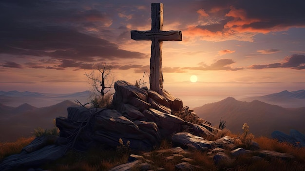 a cross is standing on top of the hill with an image of sky in the background