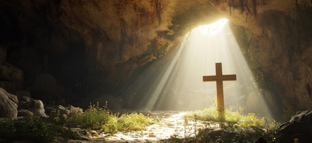 Photo cross in an isolated cave with sunlight coming through the crack