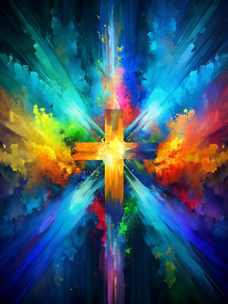 a cross on it is painted in bright colors