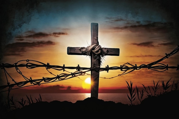 Cross of jesus christ break barrier wire on a background with dramatic lighting AI Generative