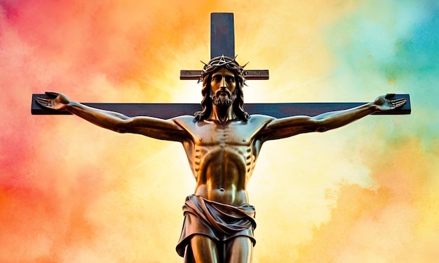 Foto croce di gesù cristo su una colorata illustrazione di sfondo ad acquerello