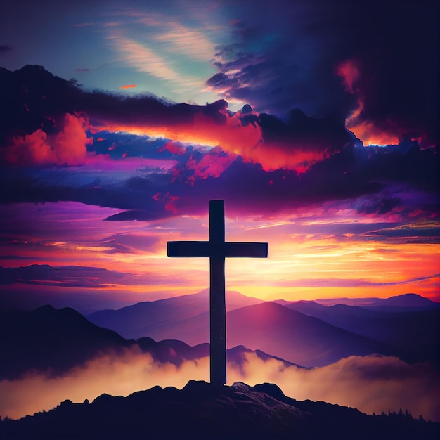 Cross of Jesus Christ Easter and the idea of resurrection Christian iron cross against a backdrop of stunning lighting a sunset generative ai