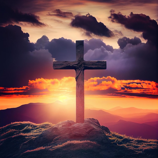 イエス キリスト イースターの十字架と復活のアイデア キリスト教の鉄の十字架を見事な照明を背景に日没の生成 ai