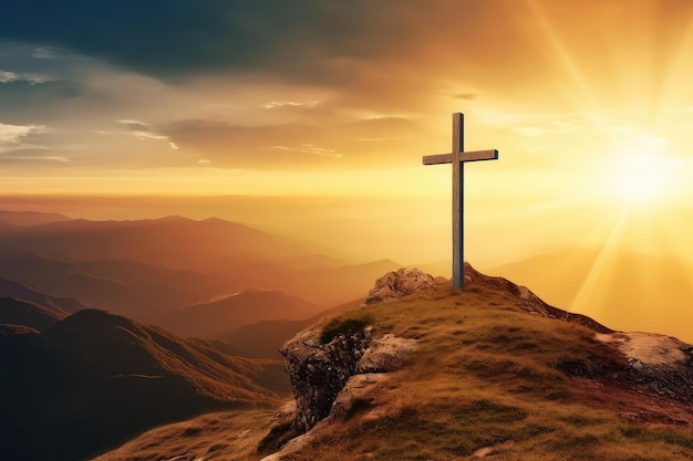 Cross of jesus christ on a sunset background generative AI