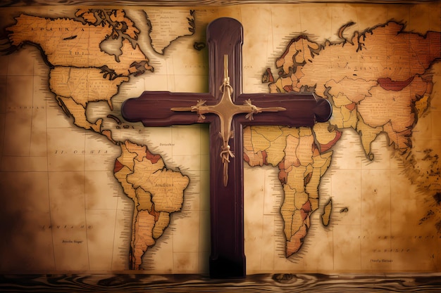 A cross on a map of the world