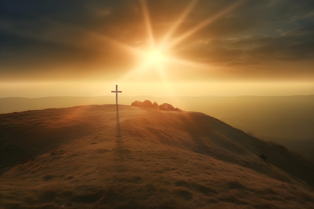 Cross mark on high hill with beautiful sunlight background religion generated ai