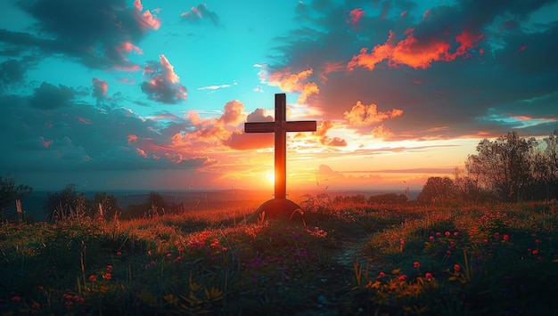 Cross on the meadow at sunset