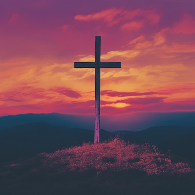 A cross in the middle of a hill with beautiful sunset red color