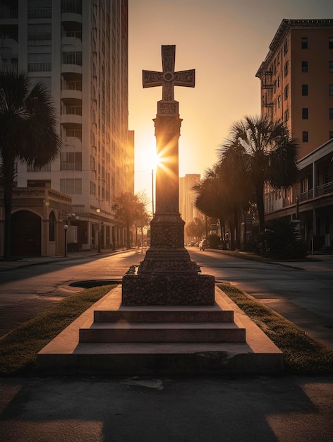 A cross in the middle of a street with buildings in the background