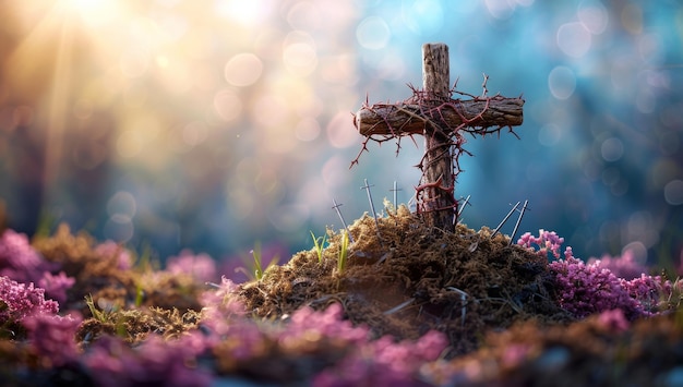 Photo cross on moss with bokeh background crucifixion concept
