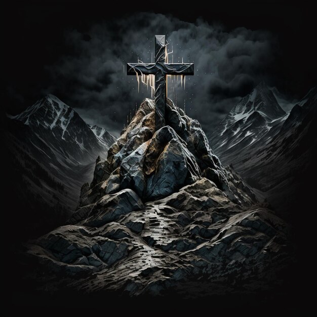 Cross in the mountain design illustration