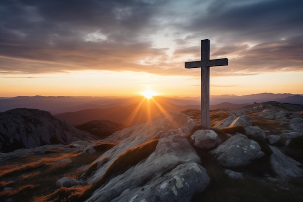 cross on the mountain symbol of the crucifixion in the rays of the rising sun faith hope