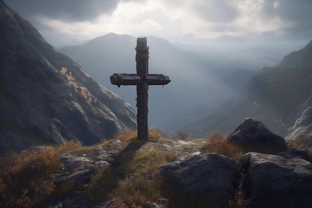 A cross on a mountain top with the sun shining through the clouds