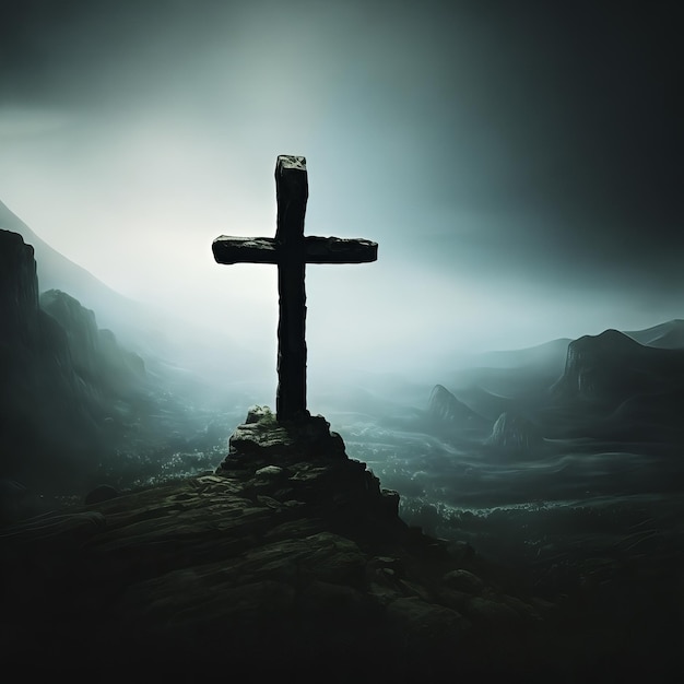 A cross on a mountain with a dark background