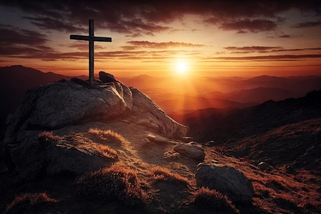 A cross on a mountain with the sun setting behind it