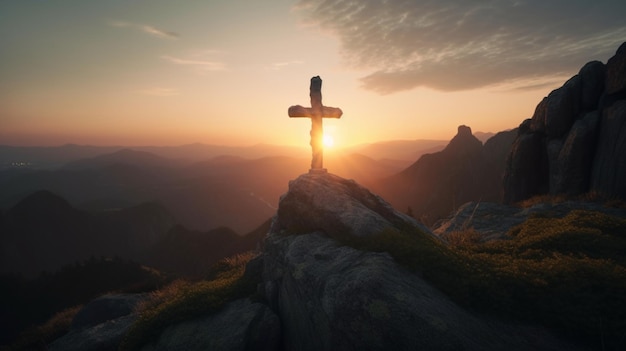 A cross on a mountain with the sun setting behind it