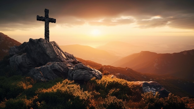 Крест на горе, за которым садится солнце
