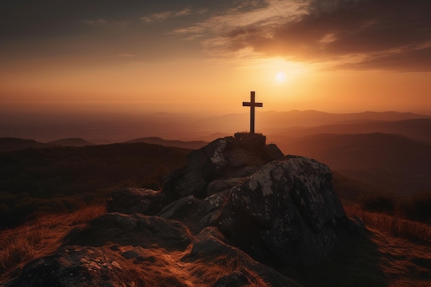 A cross on a mountain with the sun setting behind it