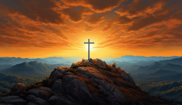 A cross on a mountain with the sun setting behind it