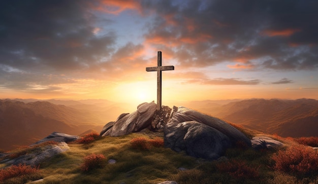 A cross on a mountain with the sun setting behind it