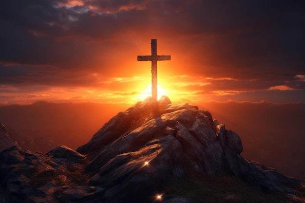 Cross on a mountain with the sun setting