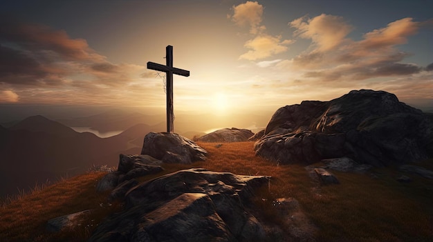 cross on a mountain with sunset christian holiday and worship photography